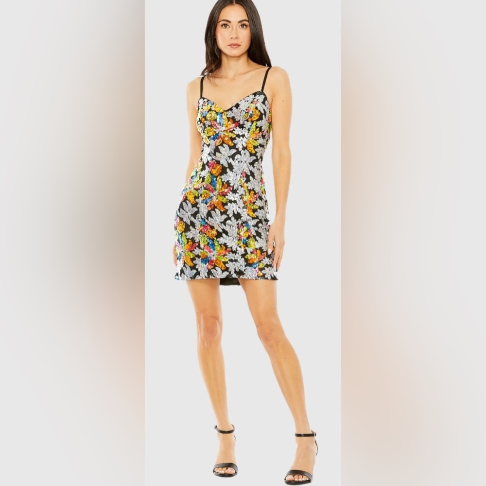 NWT Mac Duggal Black Sequined Floral Detail Mini Dress - 26867
